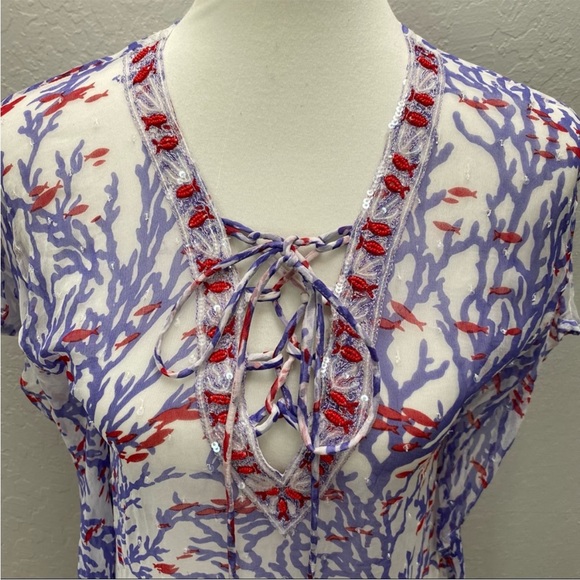 Original Letarte Swim Coverup Tunic Fish Sheer Blue Red  Silk XL Lace up poncho - Picture 2 of 5